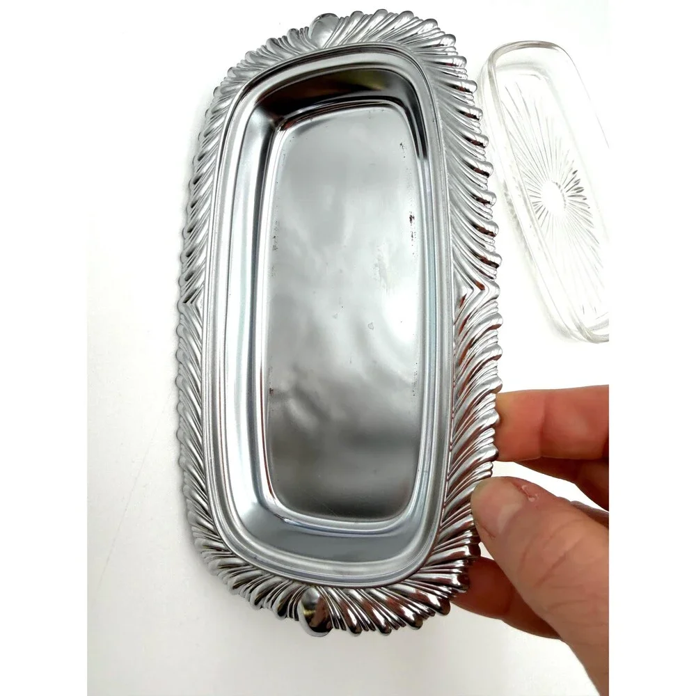 Vintage Silver Metal Butter Dish with Lid Glass Covered Butter Dish